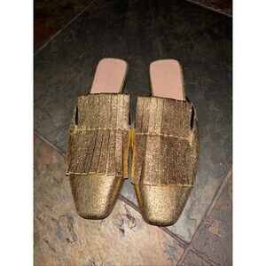 Zara Gold Square Toe Mules Slides Metallic Women Fringe EU 38